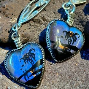 Unique Tropicalia Painted Butterfly With Tulips Sterling Silver Dangle Earrings